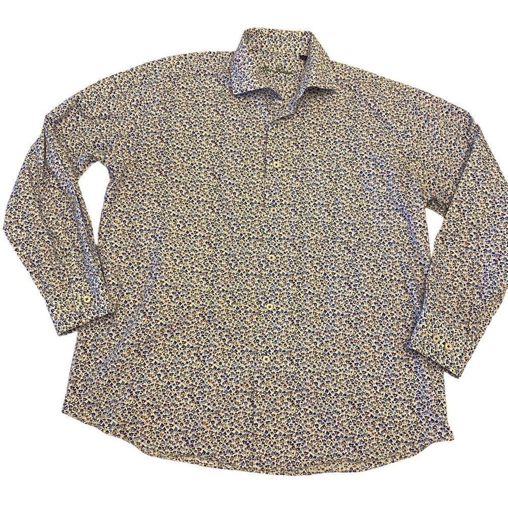 Alan Flusser White and Periwinkle Ditsy Floral Print Long Sleeve Button Down Shi